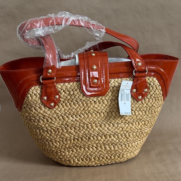 Michael Kors Large Braided Raffia and Burnt Orange Patent Leather Tote Bag - Picture 2 of 3